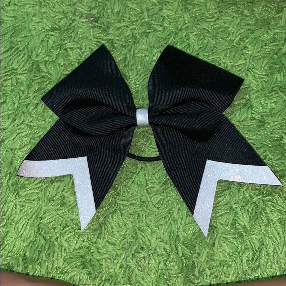 Black with sparkly white chevron stripe cheer bow